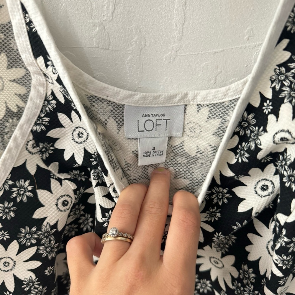 Ann Taylor Loft Black White Daisy 100% Cotton Tie Strap Mini Dress Size 4 - Picture 5 of 8
